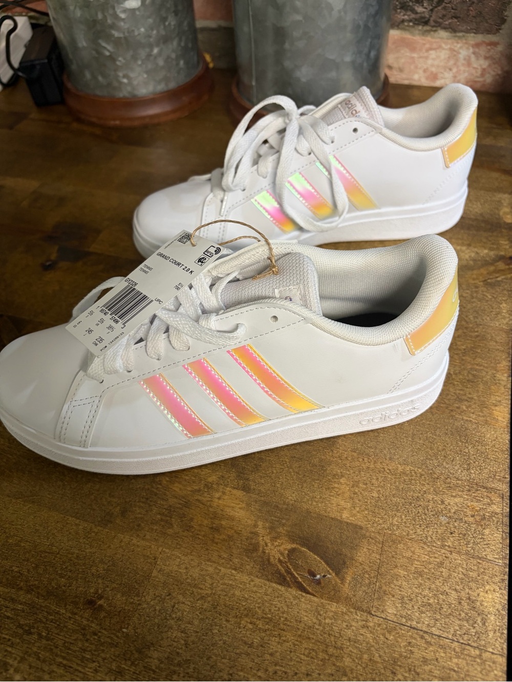 adidas Kids White Sneakers with Iridescent Pink and Yellow Stripes